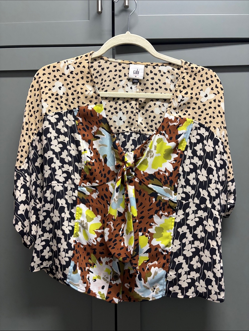 CAbi Mixed-Print Tie-Front Blouse in Brown, Black, White and Lime
